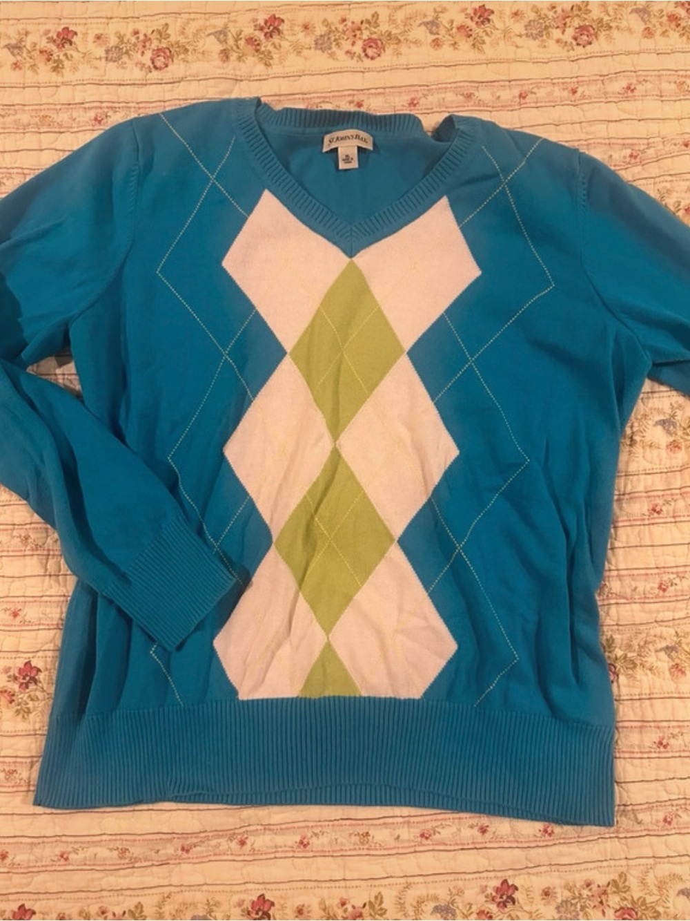 St Johns Bay Vintage Style Argyle Sweater Blue Green Preppy V Neck Knit L XL